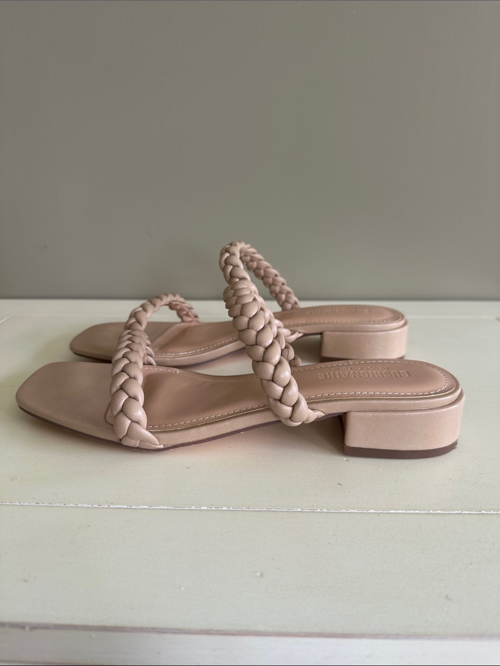 Braided Double-Strap Low Block Heel Sandal in tan